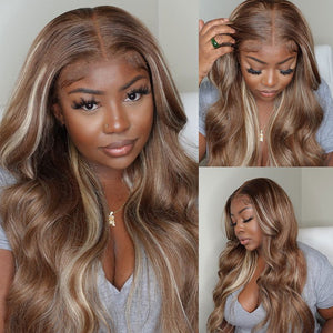 5X5 HD Lace Frontal Honey Color With Blonde Highlight Straight Hair Body Wave Wigs - Wigtrends