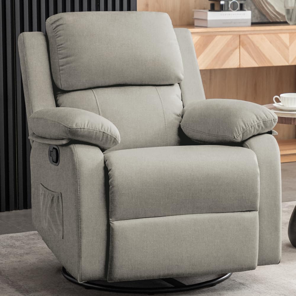 Recliner Chair, 360 Swivel Rocker Chair for Adults, Small Rocking Recliner for Small Spaces, Upholstered Fabric Glider Recliner Nursery Chair with Side Pockets for Living Room, Nursery
