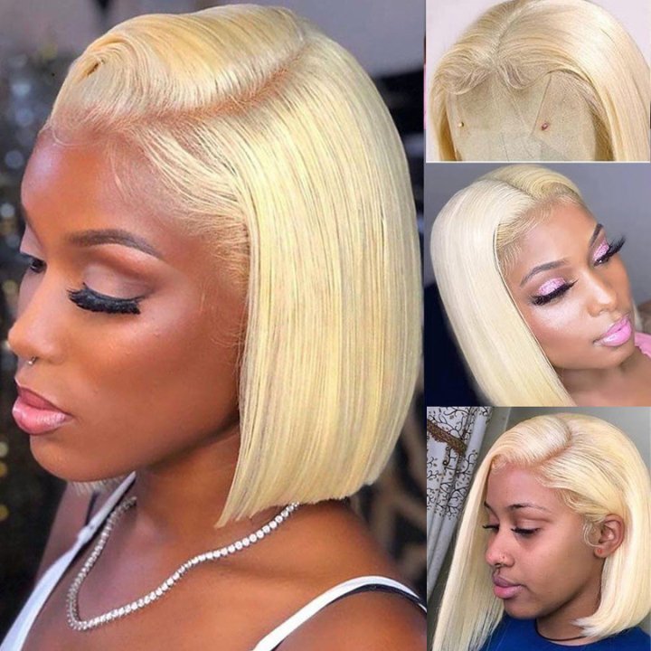 613# Blonde Brazilian Straight Short Bob Wigs 180% Density Transparent Lace Frontal Wig Pre Plucked Glueless Lace Wigs - Wigtrends