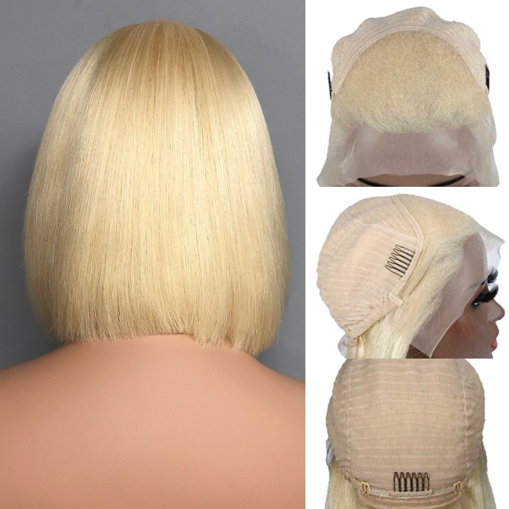 613# Blonde Brazilian Straight Short Bob Wigs 180% Density Transparent Lace Frontal Wig Pre Plucked Glueless Lace Wigs - Wigtrends