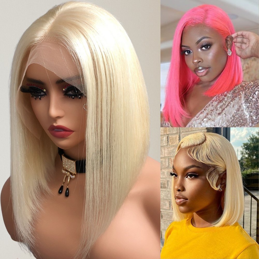 613# Blonde Brazilian Straight Short Bob Wigs 180% Density Transparent Lace Frontal Wig Pre Plucked Glueless Lace Wigs - Wigtrends