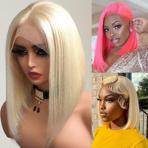 613# Blonde Brazilian Straight Short Bob Wigs 180% Density Transparent Lace Frontal Wig Pre Plucked Glueless Lace Wigs - Wigtrends