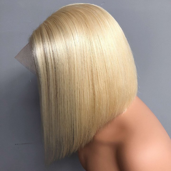 613# Blonde Brazilian Straight Short Bob Wigs 180% Density Transparent Lace Frontal Wig Pre Plucked Glueless Lace Wigs - Wigtrends
