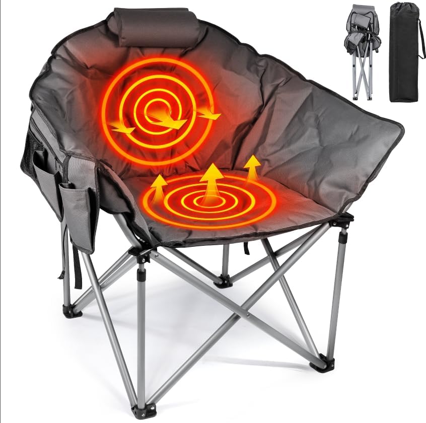 Suteck Heated Camping Chair, Oversized Heated Chairs Outdoor Sports W/3 Heat Levels for Back & Seat, Portable Folding Heated Outdoor Chair for Patio Travel, (Battery NOT Included)