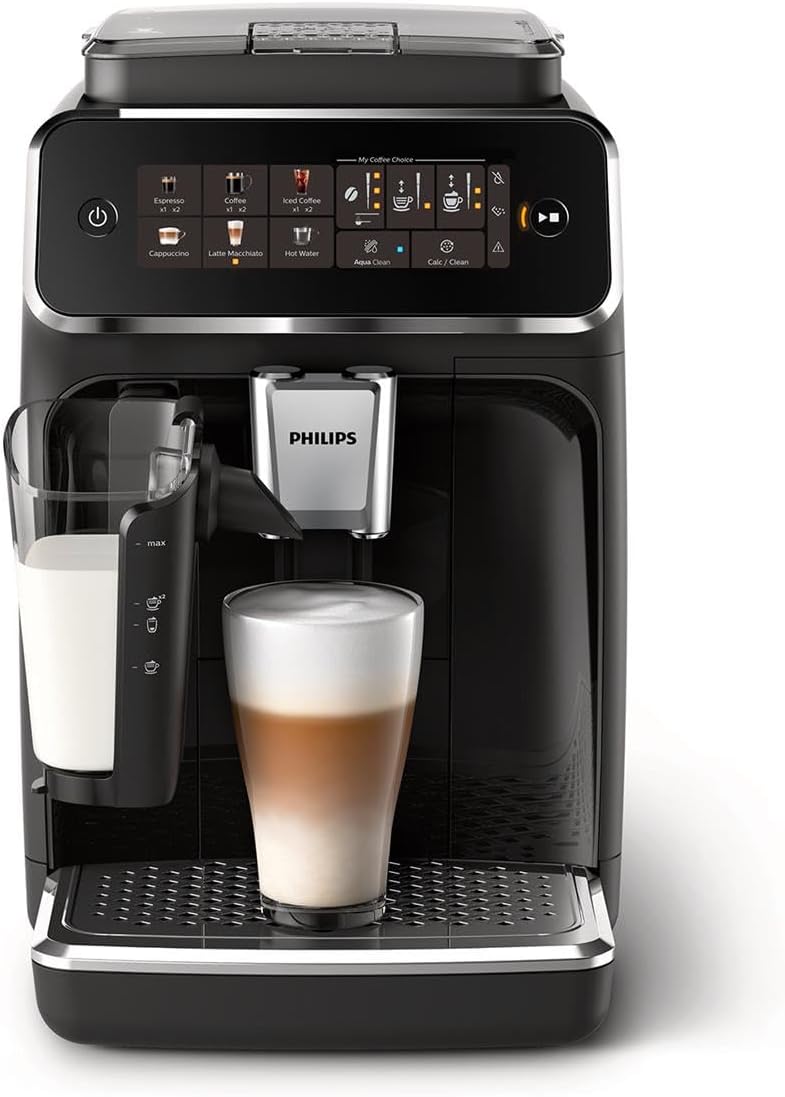 Philips Series 3300 Fully Automatic Espresso Coffee Machine - 6 Hot & Iced Drinks, LatteGo Milk System, 40% Quieter SilentBrew, Ceramic Grinder, Aquaclean Filter, Glossy Black (EP3341/50)