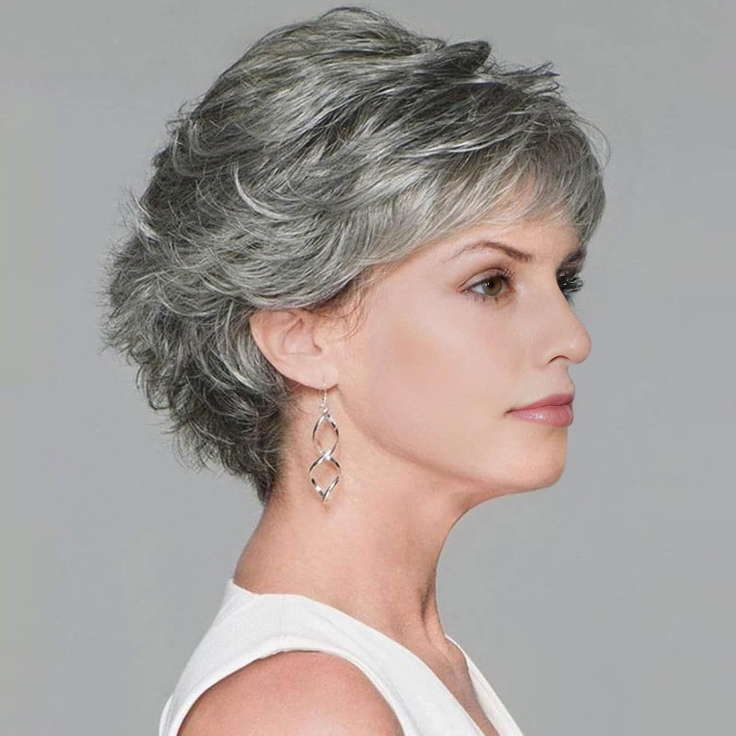 Short Curly Gray Pixie Wigs with Bangs Layered Short Wigs
