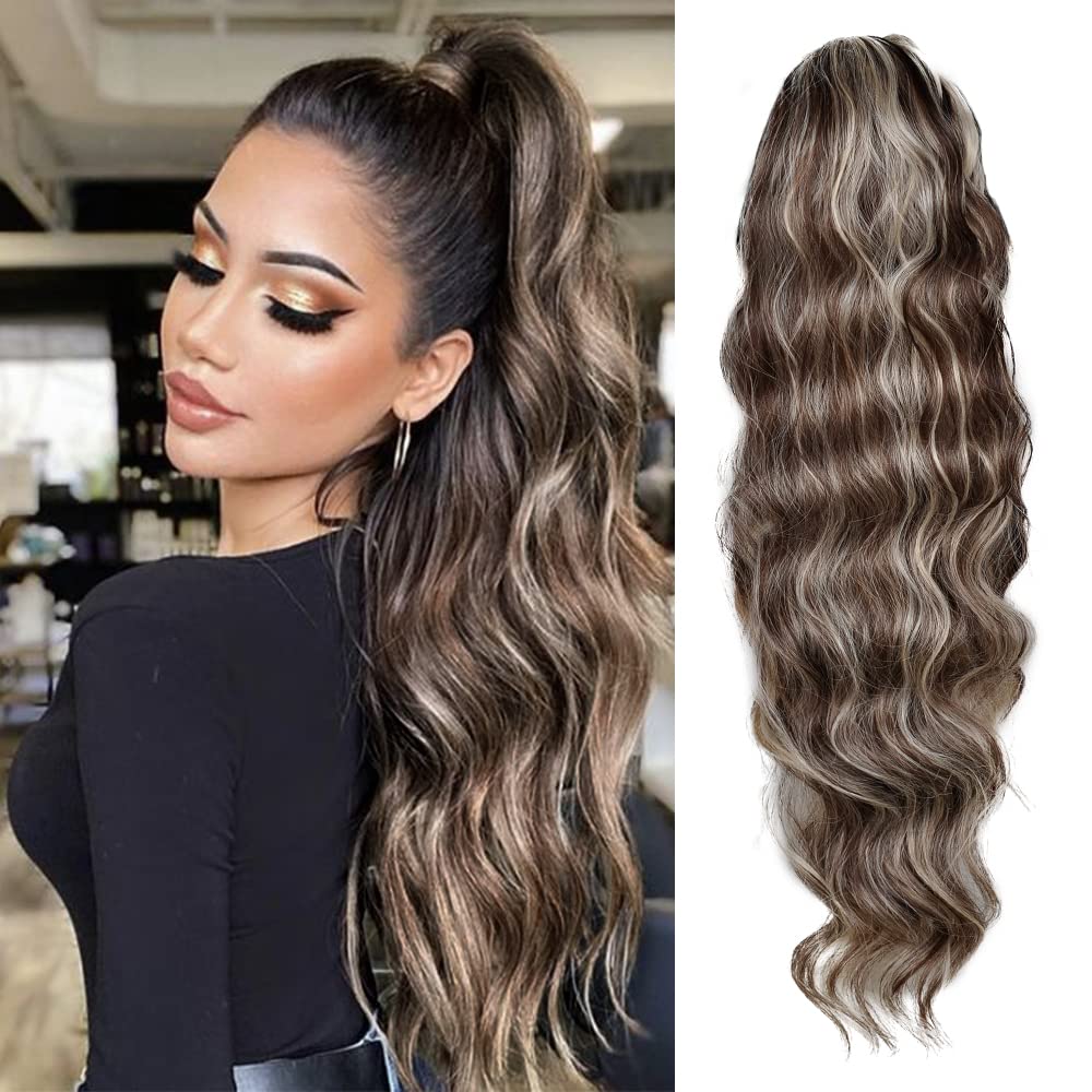 Body Wave Ponytail hair Extension Human Hair Wigs Wrap Around Drawstring Curly Wavy Ponytail Hairpieces(Silver Grey)