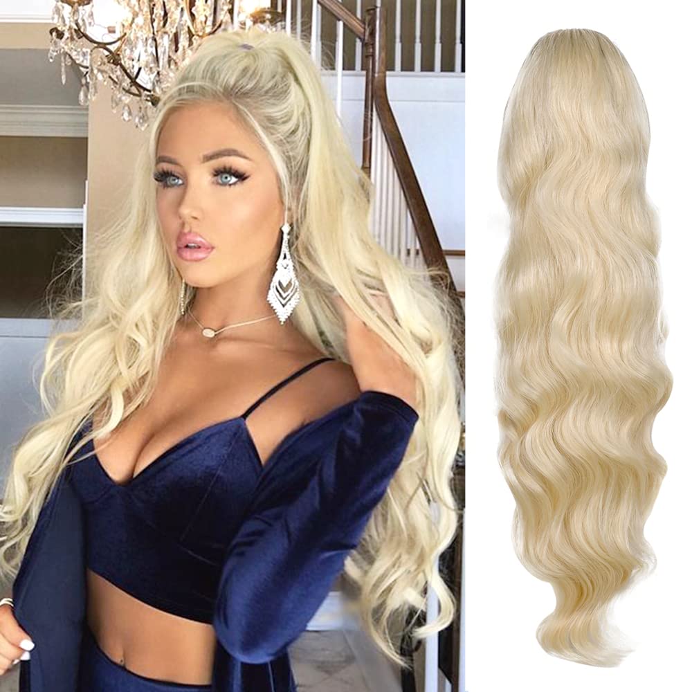 Body Wave Ponytail hair Extension Human Hair Wigs Wrap Around Drawstring Curly Wavy Ponytail Hairpieces(Silver Grey)