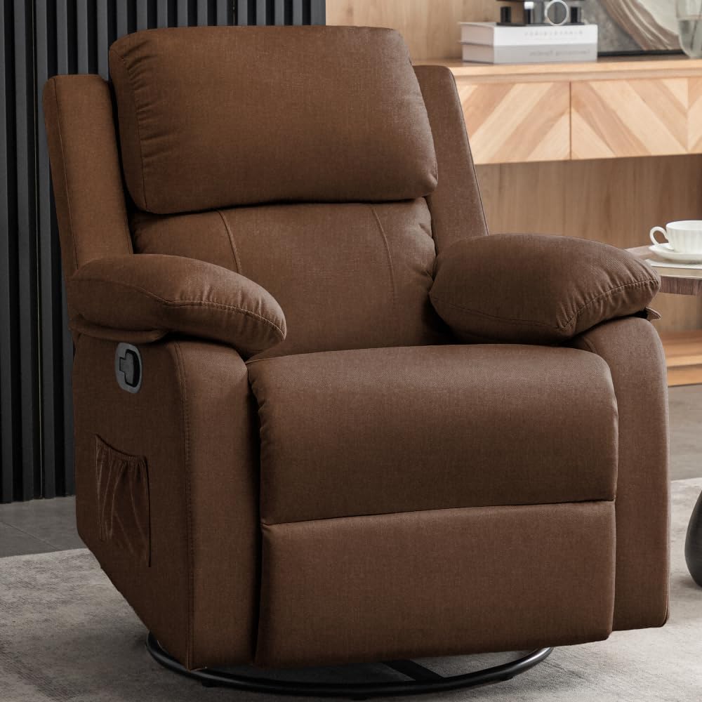 Recliner Chair, 360 Swivel Rocker Chair for Adults, Small Rocking Recliner for Small Spaces, Upholstered Fabric Glider Recliner Nursery Chair with Side Pockets for Living Room, Nursery