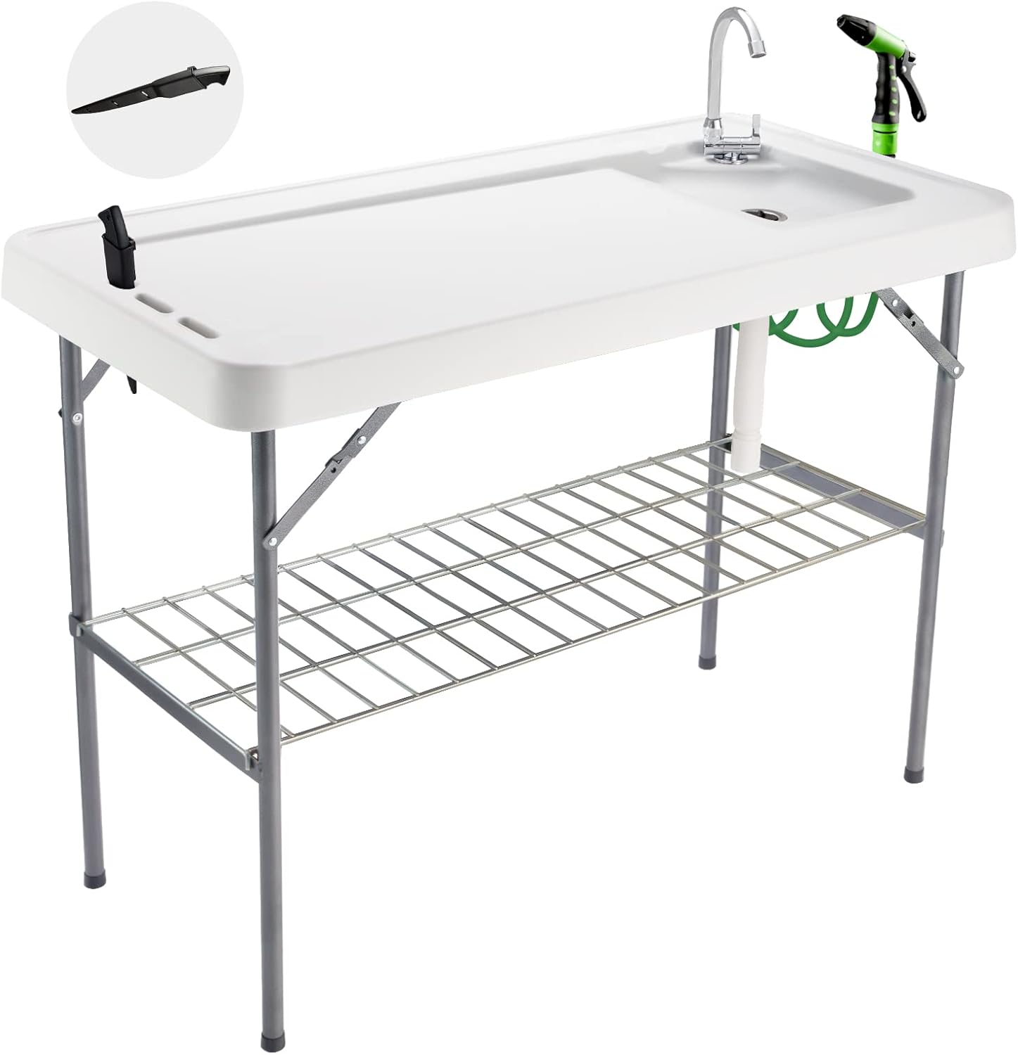 Folding Fish Cleaning Table Portable Camping Sink Table with Faucet Drainage Hose & Sprayer Outdoor Fish Fillet Cleaning Station with Grid Rack & Knife Groove for Picnic Fishing, Grey