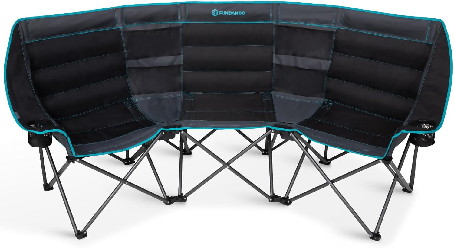 FUNDANGO Double Camping Chair with Cooler, 3 Person Folding Oversized Loveseat Camp Chairs for Adults Fully Padded Couch with Cup Holder Carry Bag for Outdoor Lawn Beach Patio Support 1000 LBS