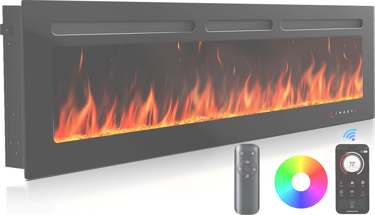 Silonn 50″Smart Electric Fireplace Heater with App & Remote Control, 5300 BTU Heat Output, Ultra-Slim Wall-Mounted or Recessed Electric Fireplace Inserts with Timer, 20 Flame Colors,WiFi Enabled