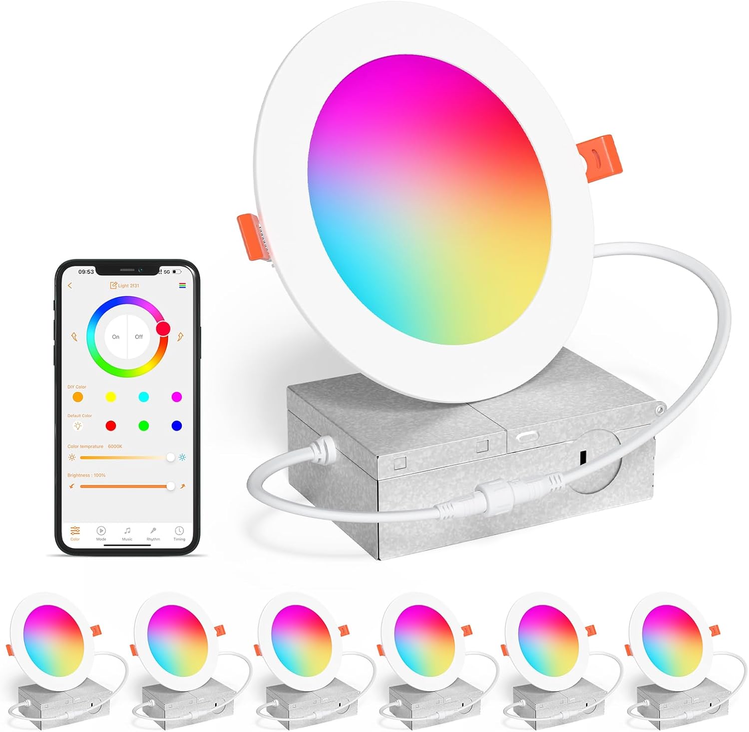 Smart Recessed Lighting 4 Inch RGBCW Color Changing 12W LED Downlight with Junction Box,1080 Lumen Recessed Ceiling Light Compatible with Alexa,Dimmable by Bluetooth Control -12Pack