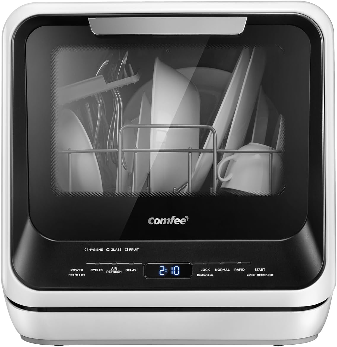 COMFEE' Portable Mini Dishwasher Countertop with 5L Built-in Water Tank for Apartments& RVs, No Hookup Needed, 6 Programs, 360° Dual Spray, 162℉ High-Temp& Air-Dry Function