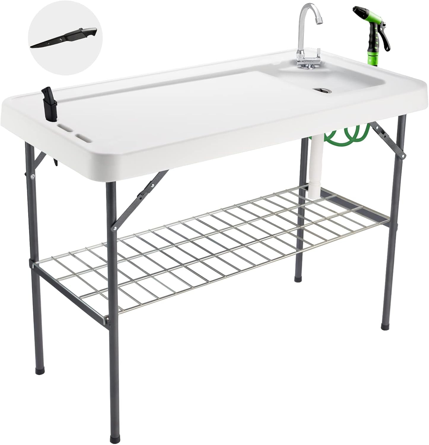 Folding Fish Cleaning Table Portable Camping Sink Table with Faucet Drainage Hose & Sprayer Outdoor Fish Fillet Cleaning Station with Grid Rack & Knife Groove for Picnic Fishing, Grey