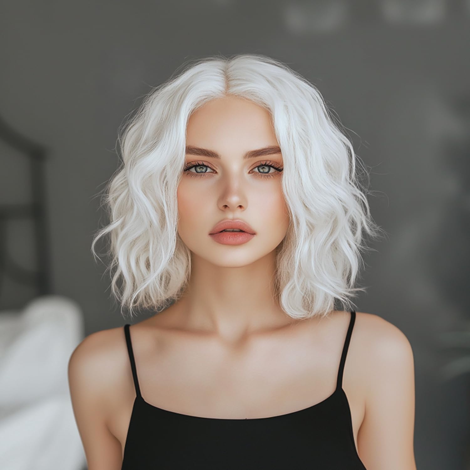 Short Blonde Wavy Wig for Women 14 Inch Shoulder Length Middle Part Curly Wavy Bob Human Hair Wigs
