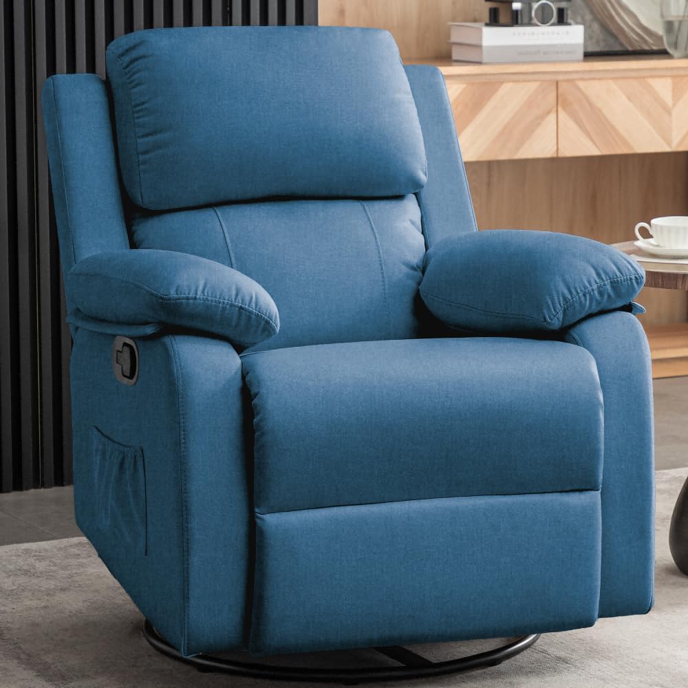 Recliner Chair, 360 Swivel Rocker Chair for Adults, Small Rocking Recliner for Small Spaces, Upholstered Fabric Glider Recliner Nursery Chair with Side Pockets for Living Room, Nursery