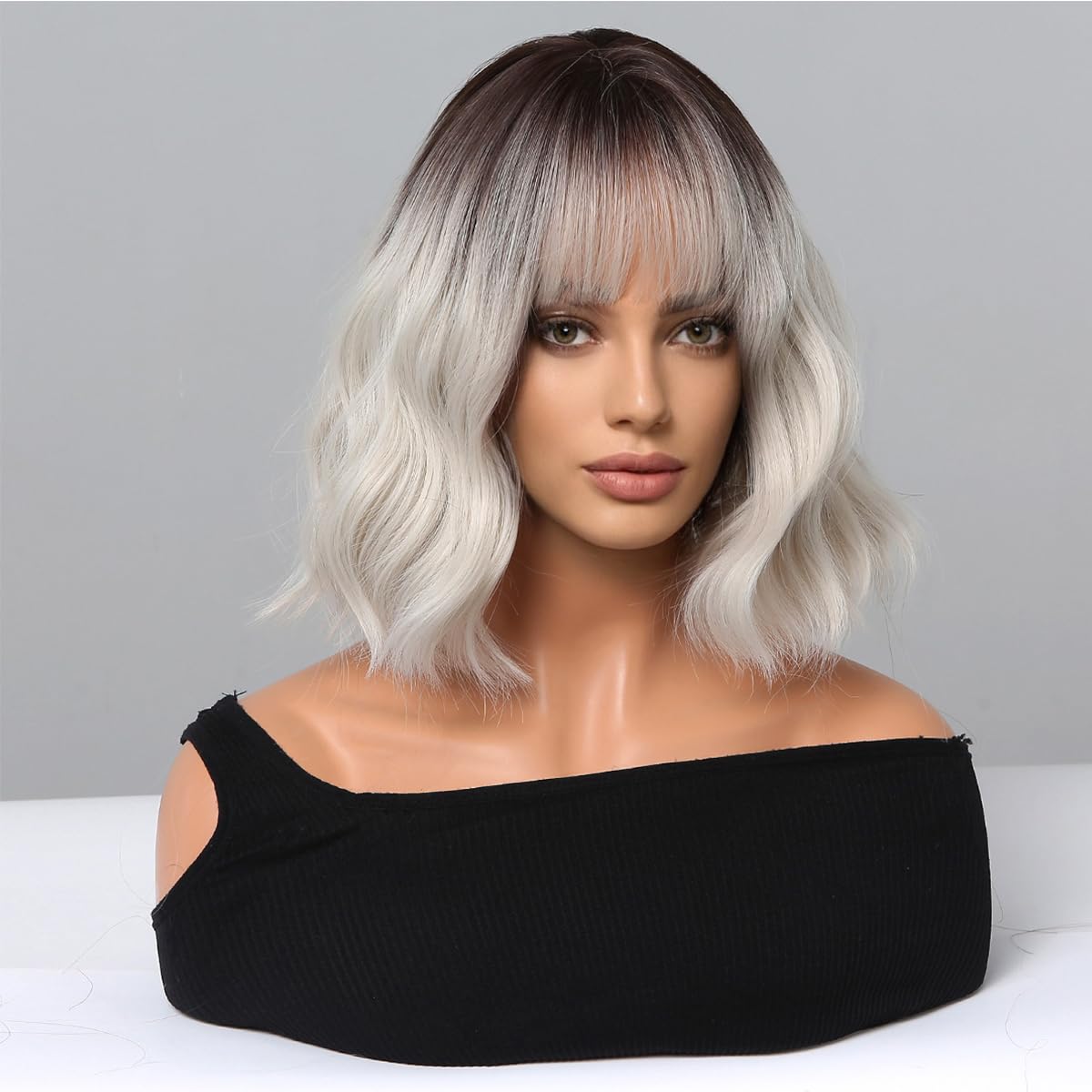 Short Wavy Salt Pepper Human Hair Wigs Platinum Curly Bob Wigs With Bangs White Wig