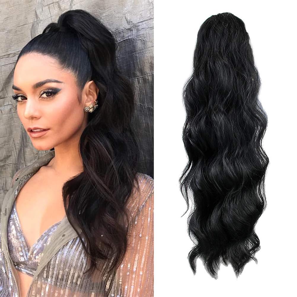 Body Wave Ponytail hair Extension Human Hair Wigs Wrap Around Drawstring Curly Wavy Ponytail Hairpieces(Silver Grey)