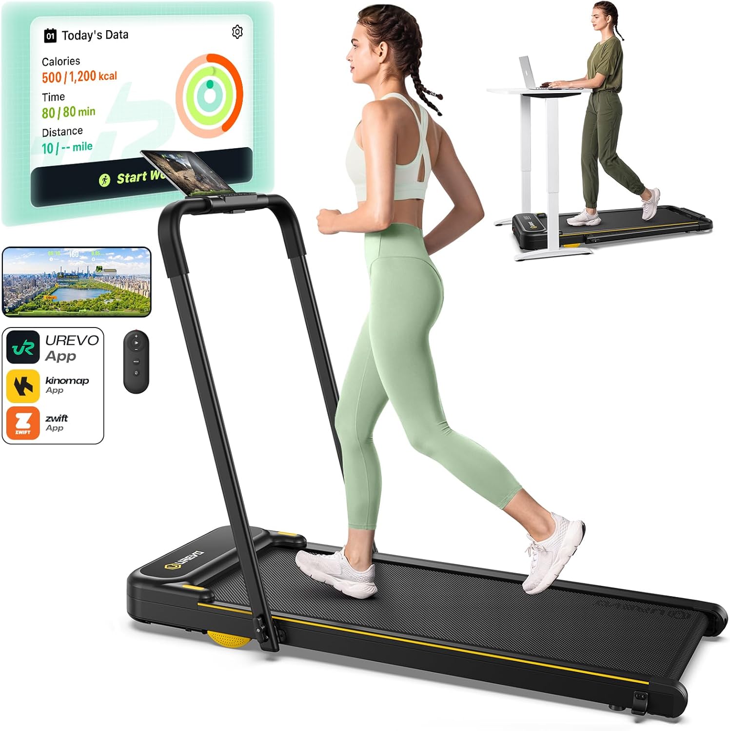 UREVO Strol 2E Smart 2-in-1 Folding Treadmill, Compact Walking Pad with Safety Handle, Plug and Play, Dual LED Display, Workout APP, Walking or Running for Home Office, Remote Included