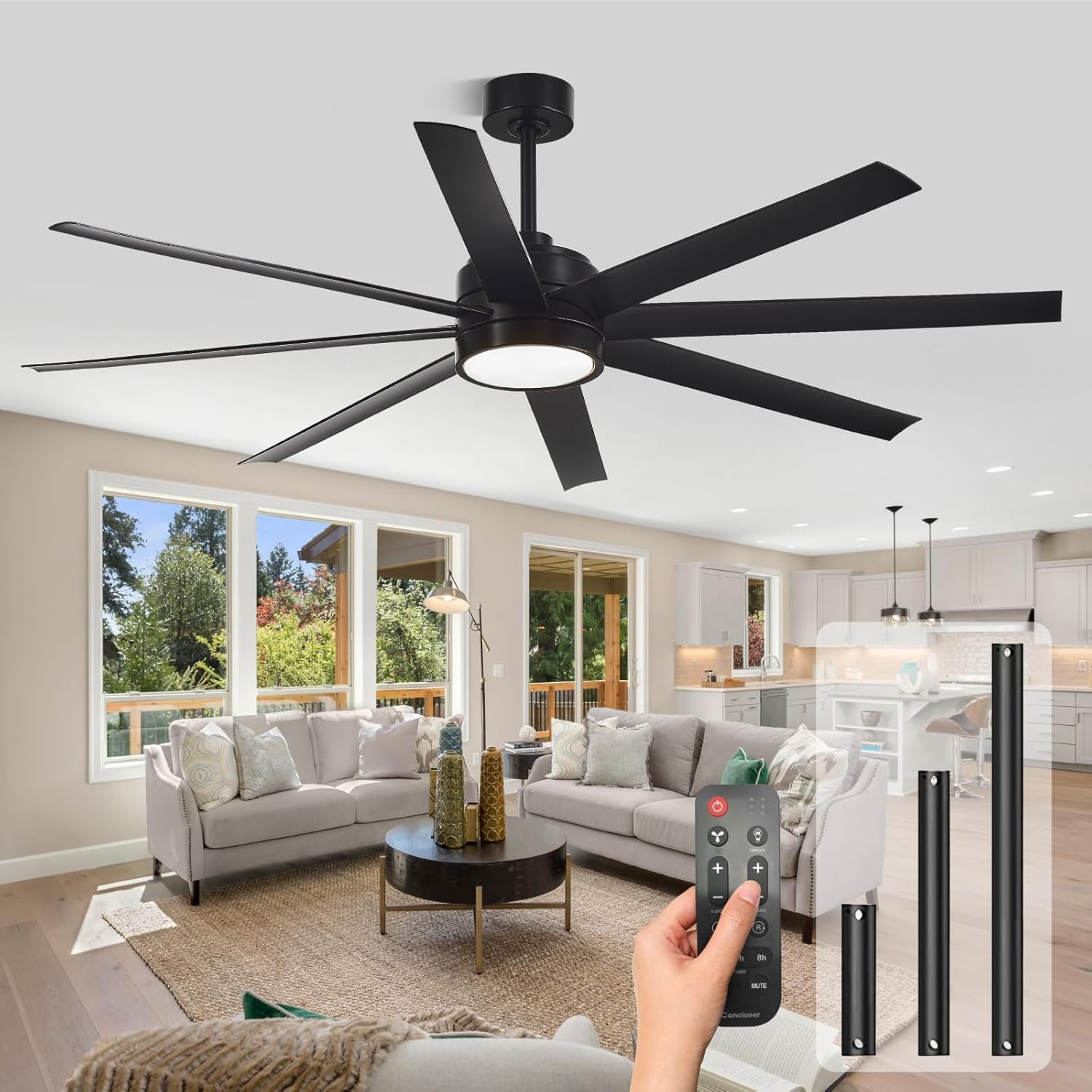 Modern Ceiling Fans with Lights, 72 Inch Ceiling Fan with Light and Remote, Bedroom Living Room Library Cafe Outdoor/Industrial,24W 3CCT Dimmable, 8 Blades 6 Speed Reversible Quiet DC Motor, Black