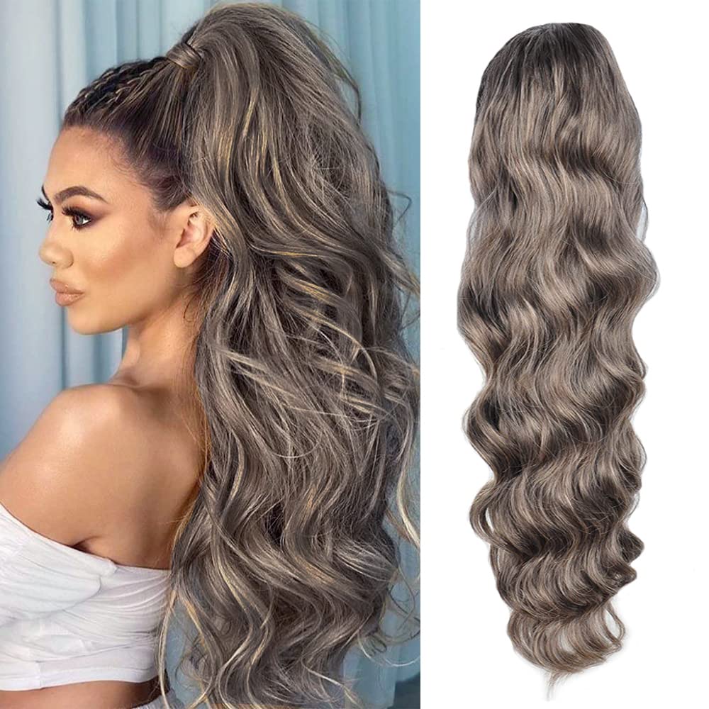Body Wave Ponytail hair Extension Human Hair Wigs Wrap Around Drawstring Curly Wavy Ponytail Hairpieces(Silver Grey)