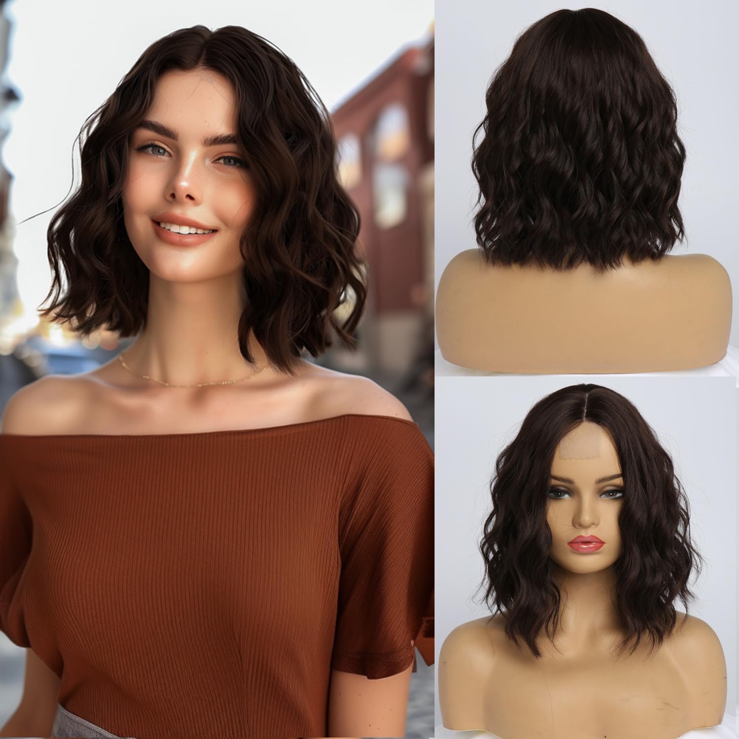 Short Blonde Wavy Wig for Women 14 Inch Shoulder Length Middle Part Curly Wavy Bob Human Hair Wigs