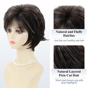 Short Hair Wigs with Bangs Dark Brown Mixed Blonde Pixie Cut Wig for Women Straight Human Hair Wigs - Wigtrends