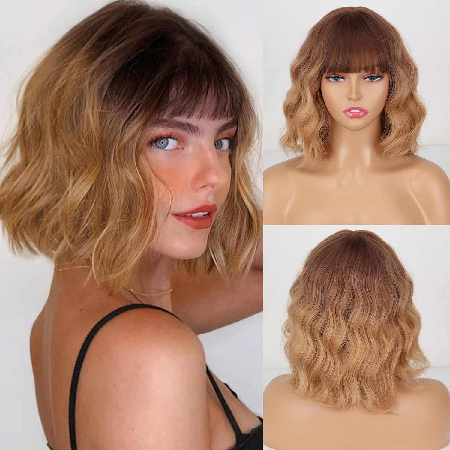Short Wavy Black Wig with Bangs Bob Wig Synthetic Natural Looking Wigs