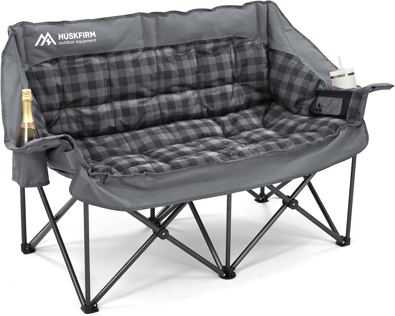 Double Camping Chairs Padded Loveseat Chair for 2 Person - Heavy Duty Oversized Camping Couch for Adults Outdoor Lawn Beach - Portable Folding Sofa with Cup Holders and Carry Bag, Grey