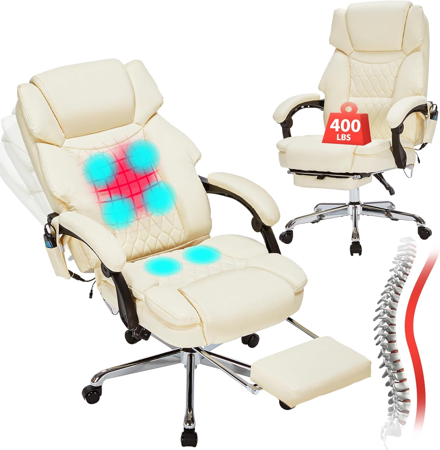 Massage Office Chair with Foot Rest 6 Points Vibration and Heat Home Office Desk Chairs for Heavy People 400lbs Reclining Managerial Chairs Ergonomic Executive Chair (Cream)
