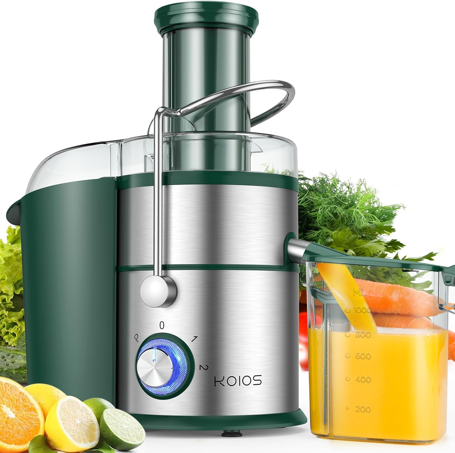 1300W KOIOS Centrifugal Juicer Machines, Juice Extractor with Extra Large 3inch Feed Chute, Full Copper Motor, Titanium-Plated Filter, High Juice Yield, 3 Speeds Mode,Easy to Clean with Brush,BPA-Free