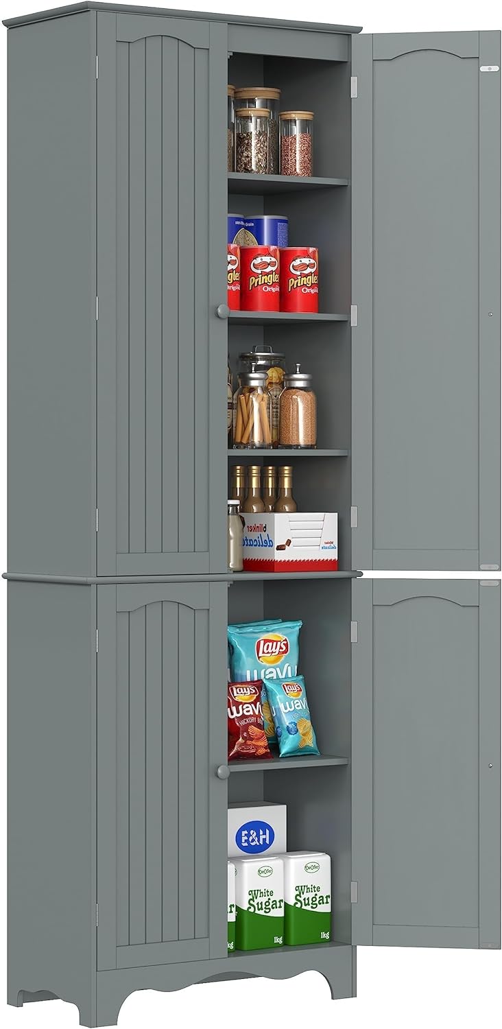 Function Home Tall Pantry Cabinet, Freestanding Storage Cabinet, Wooden Kitchen Pantry with 4 Doors and 5 Shelves, 72" Floor Cabinet Organizer for Kitchen Living Room Bathroom, Grey