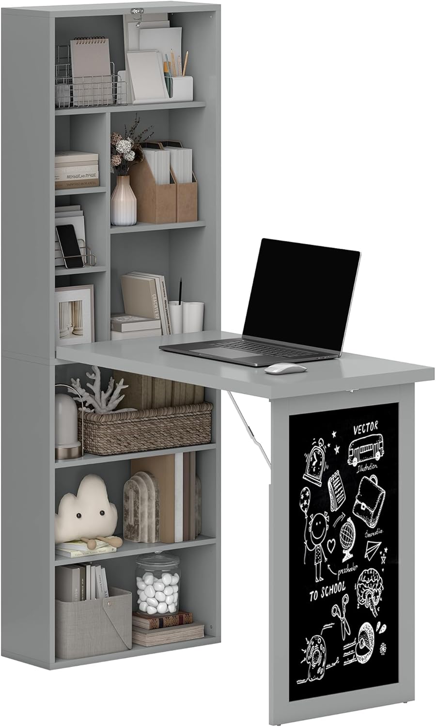 HOMCOM Fold-Out Convertible Writing Table, Wall Mount Desk Cabinet with Blackboard and Side Shelf Multi-Function Home Office Workstation, White