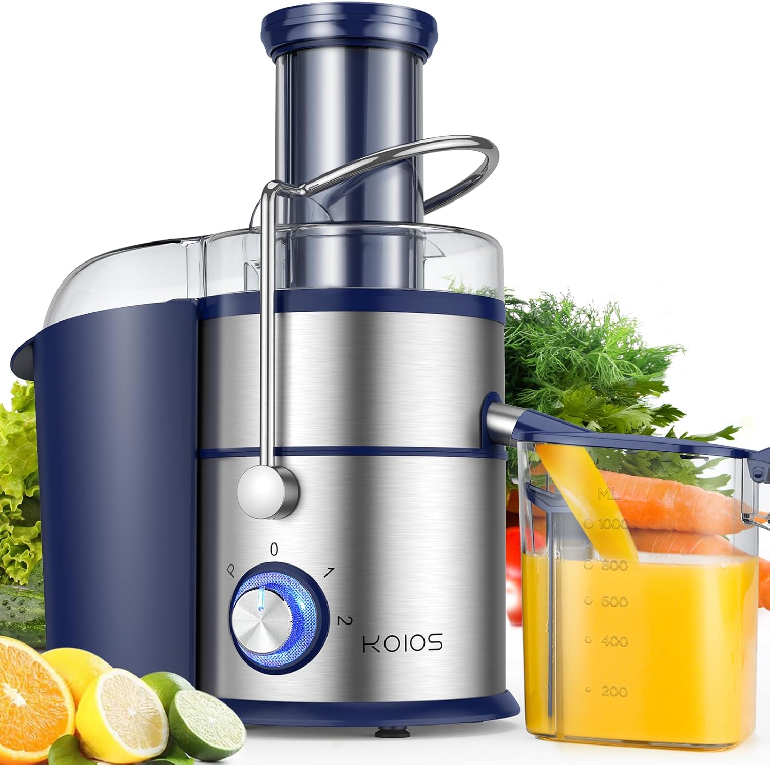1300W KOIOS Centrifugal Juicer Machines, Juice Extractor with Extra Large 3inch Feed Chute, Full Copper Motor, Titanium-Plated Filter, High Juice Yield, 3 Speeds Mode,Easy to Clean with Brush,BPA-Free