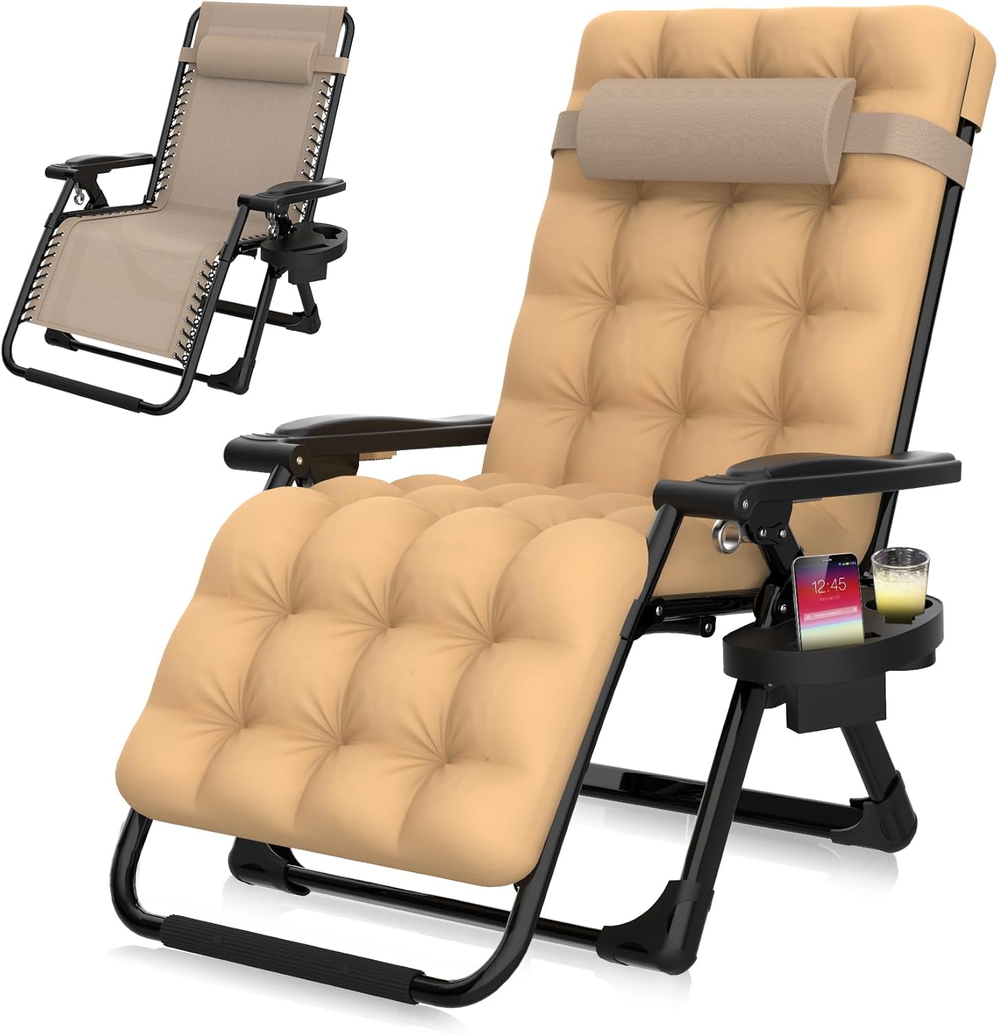 Suteck Zero Gravity Chair, Reclining Camping Lounge Chair w/Removable Cushion, Upgraded Lock and Cup Holder, Reclining Patio Chairs Folding Recliner for Indoor and Outdoor