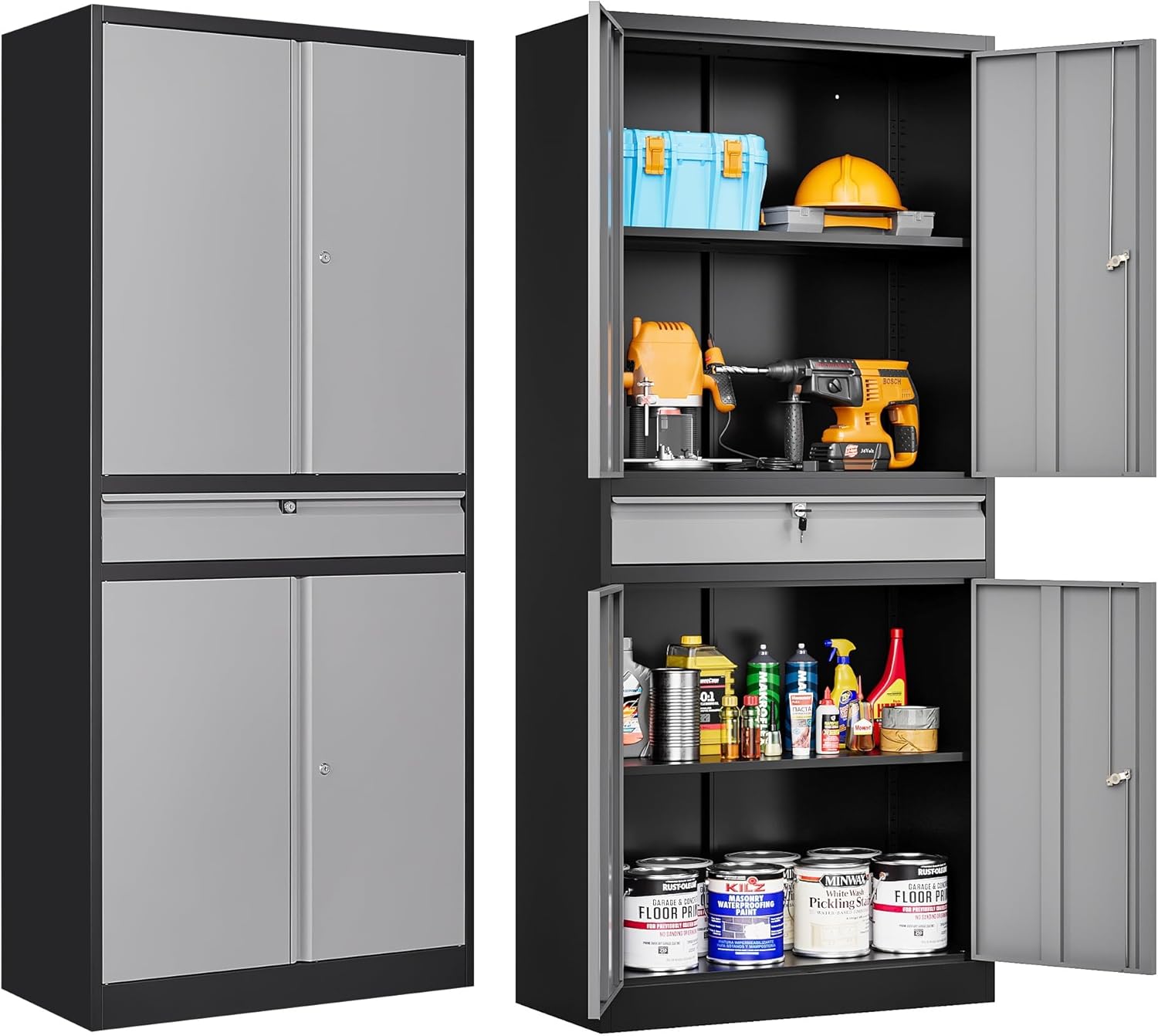 SISESOL Metal Storage Cabinet with Wheels,75 inch Tall Rolling Garage Storage Cabinet with Lock,Black Metal Cabinets with Wheels and Shelves,Deep Heavy Duty Tool Locker for Garage,Home,Office,Shop