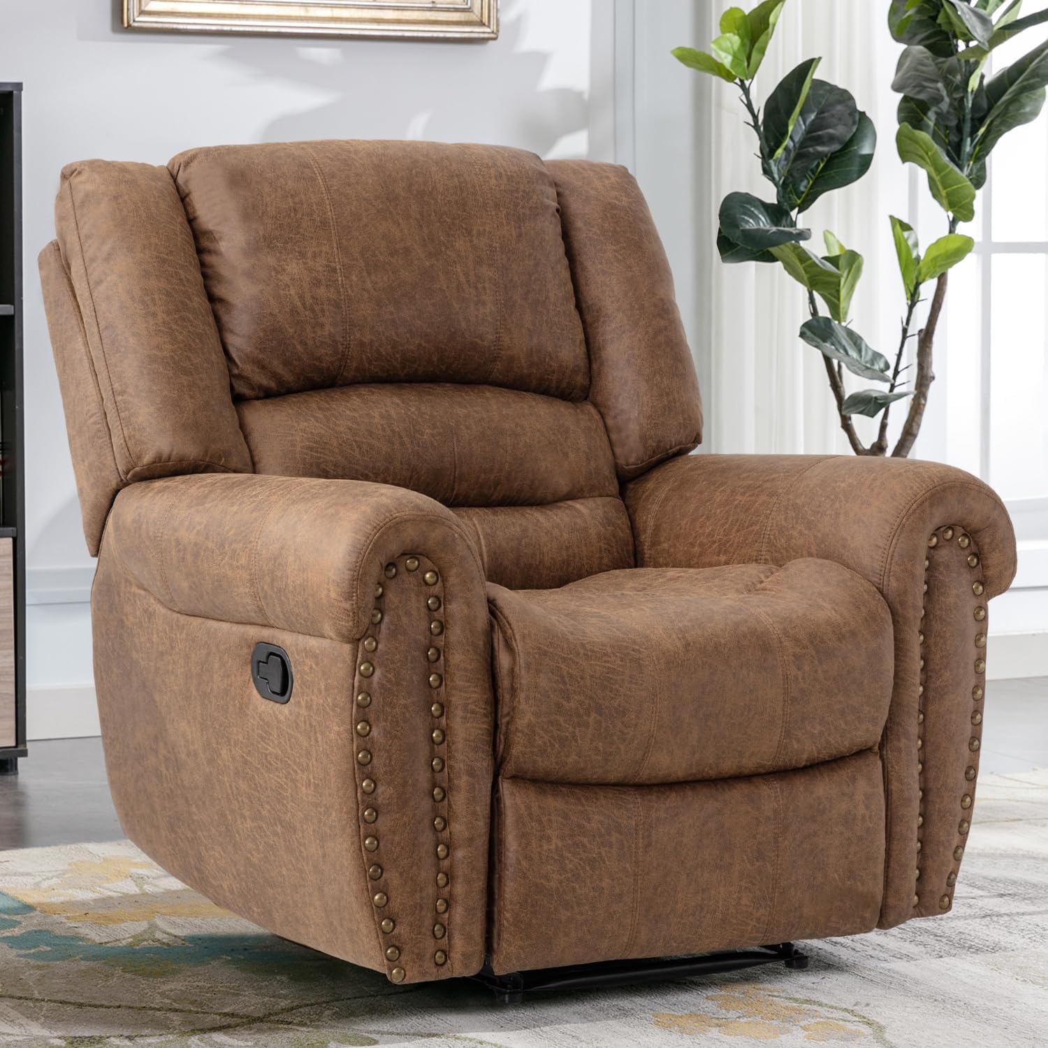 CANMOV Leather Recliner Chair, Classic and Traditional Manual Recliner Chair with Comfortable Arms and Back Single Sofa for Living Room, Nut Brown