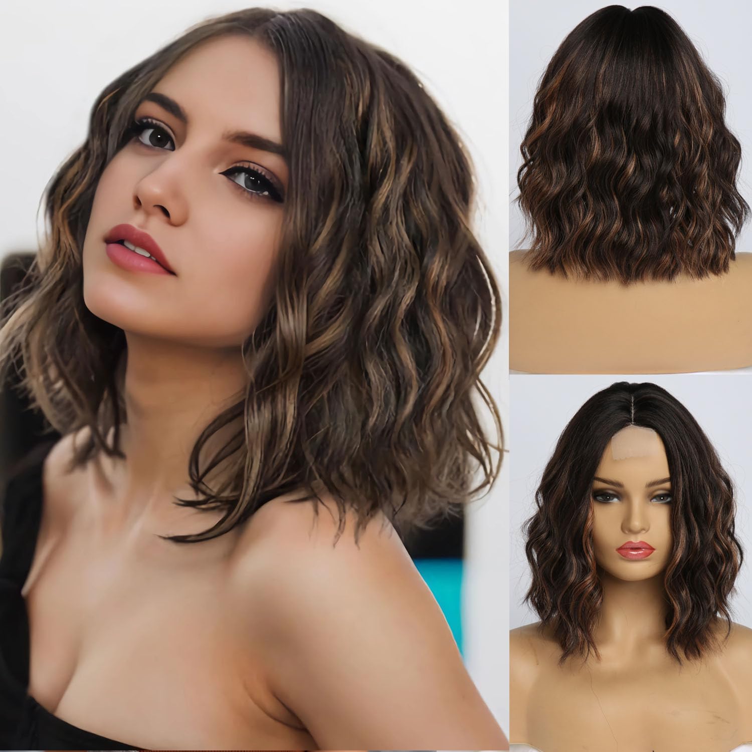 Short Blonde Wavy Wig for Women 14 Inch Shoulder Length Middle Part Curly Wavy Bob Human Hair Wigs