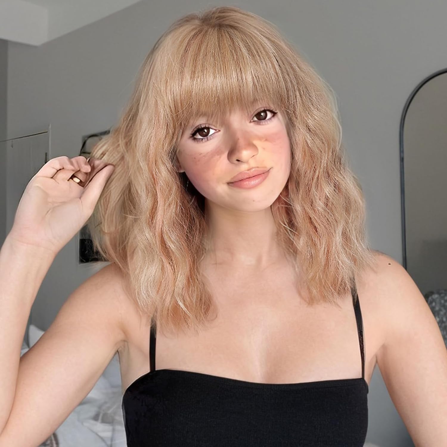 Short Wavy Salt Pepper Human Hair Wigs Platinum Curly Bob Wigs With Bangs White Wig