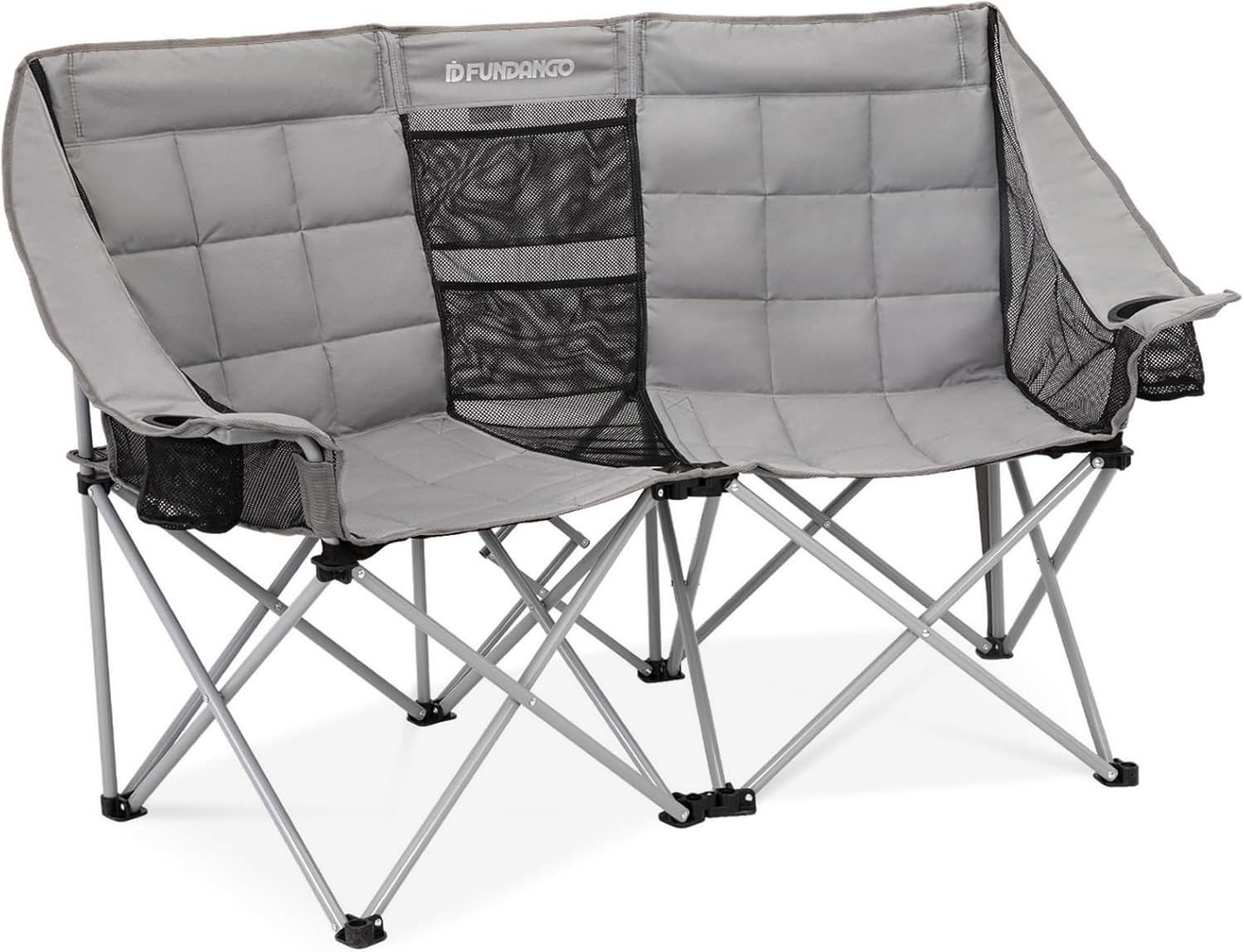 FUNDANGO Double Camping Chair with Cooler, 3 Person Folding Oversized Loveseat Camp Chairs for Adults Fully Padded Couch with Cup Holder Carry Bag for Outdoor Lawn Beach Patio Support 1000 LBS
