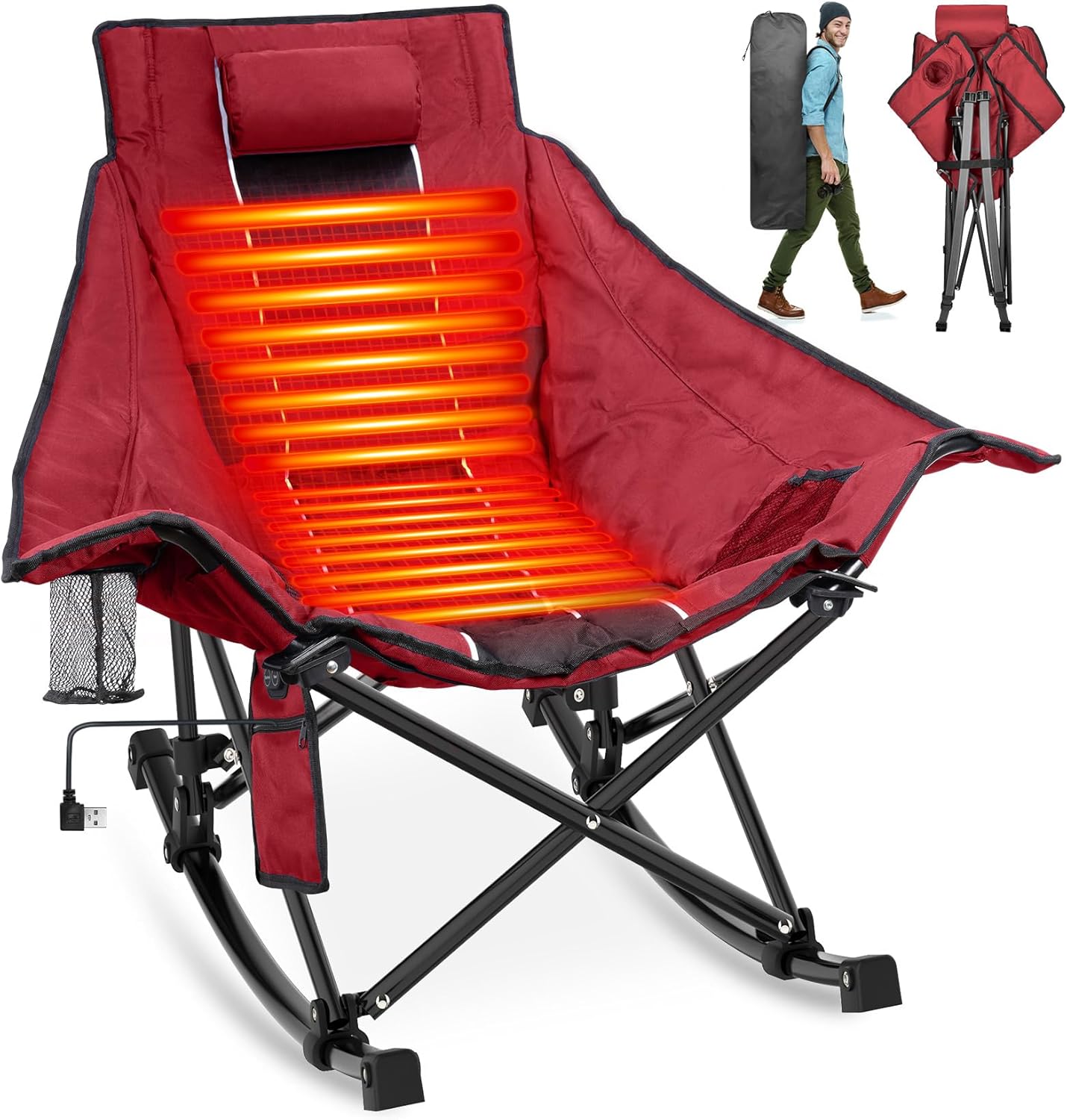 Suteck Heated Camping Chair, Oversized Heated Chairs Outdoor Sports W/3 Heat Levels for Back & Seat, Portable Folding Heated Outdoor Chair for Patio Travel, (Battery NOT Included)