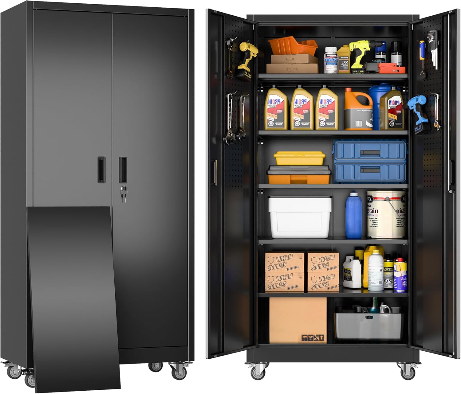 Metal Storage Cabinet with Pegboard 71'' x 34'' x 18'',Lockable Steel Storage Cabinet with 5 Adjustable Shelves and Door for Garage, Office, Kitchen, Assembly Required(Black)
