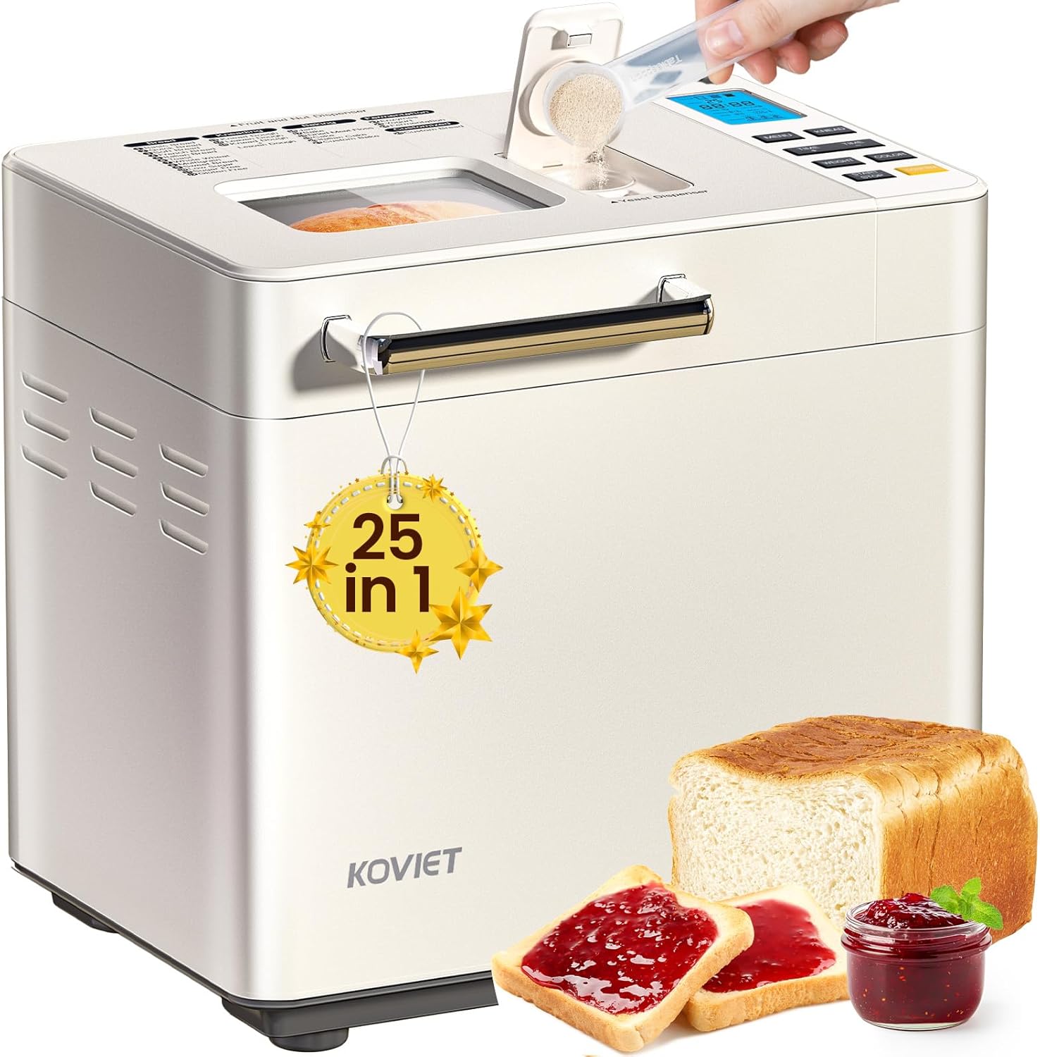 25-in-1 Bread Maker Machine with Automatic Dual Dispenser, 2LB Stainless Steel Breadmaker with Gluten-Free, Dough, Jam, Yogurt etc Settings, Silver