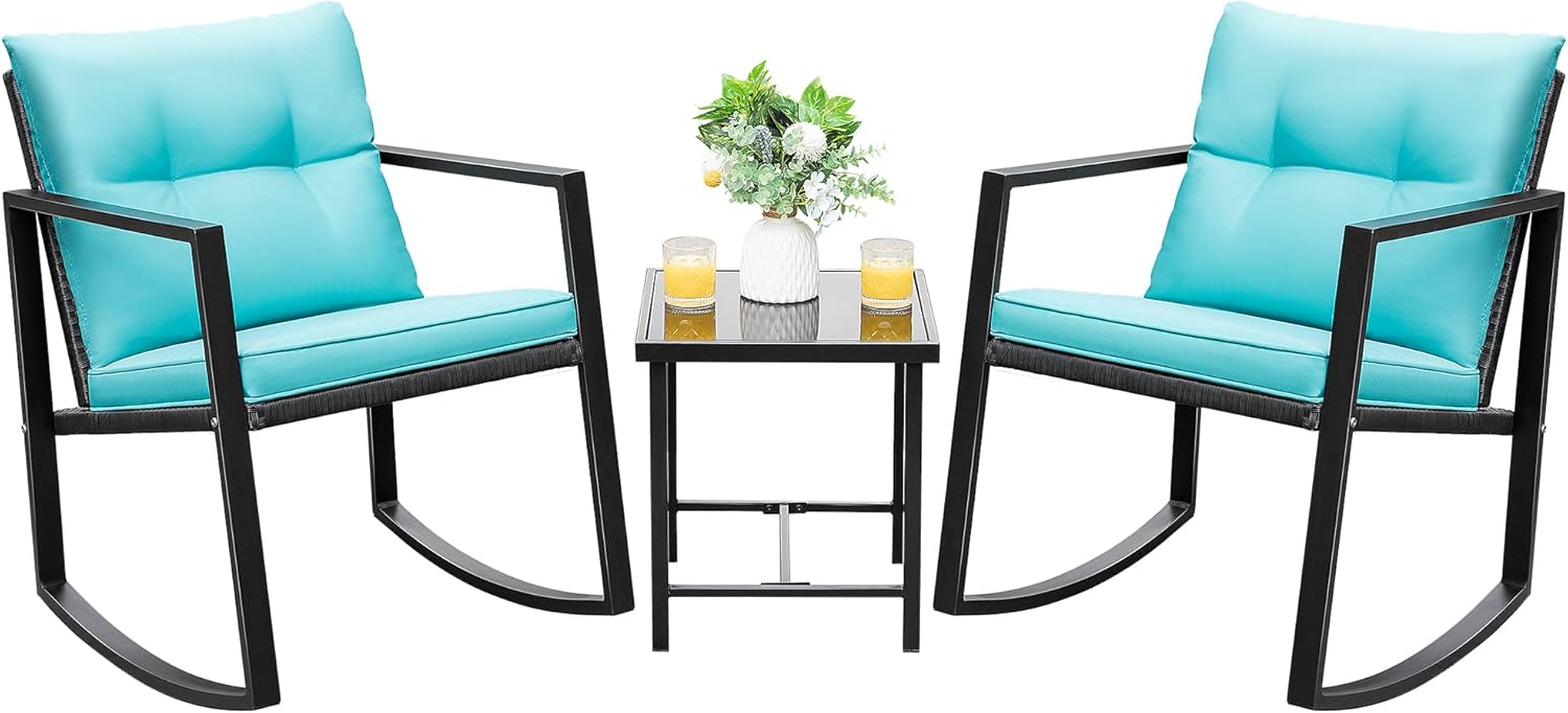 Devoko 3 Piece Rocking Bistro Set Wicker Patio Outdoor Furniture Porch Chairs Conversation Sets with Glass Coffee Table (Beige)