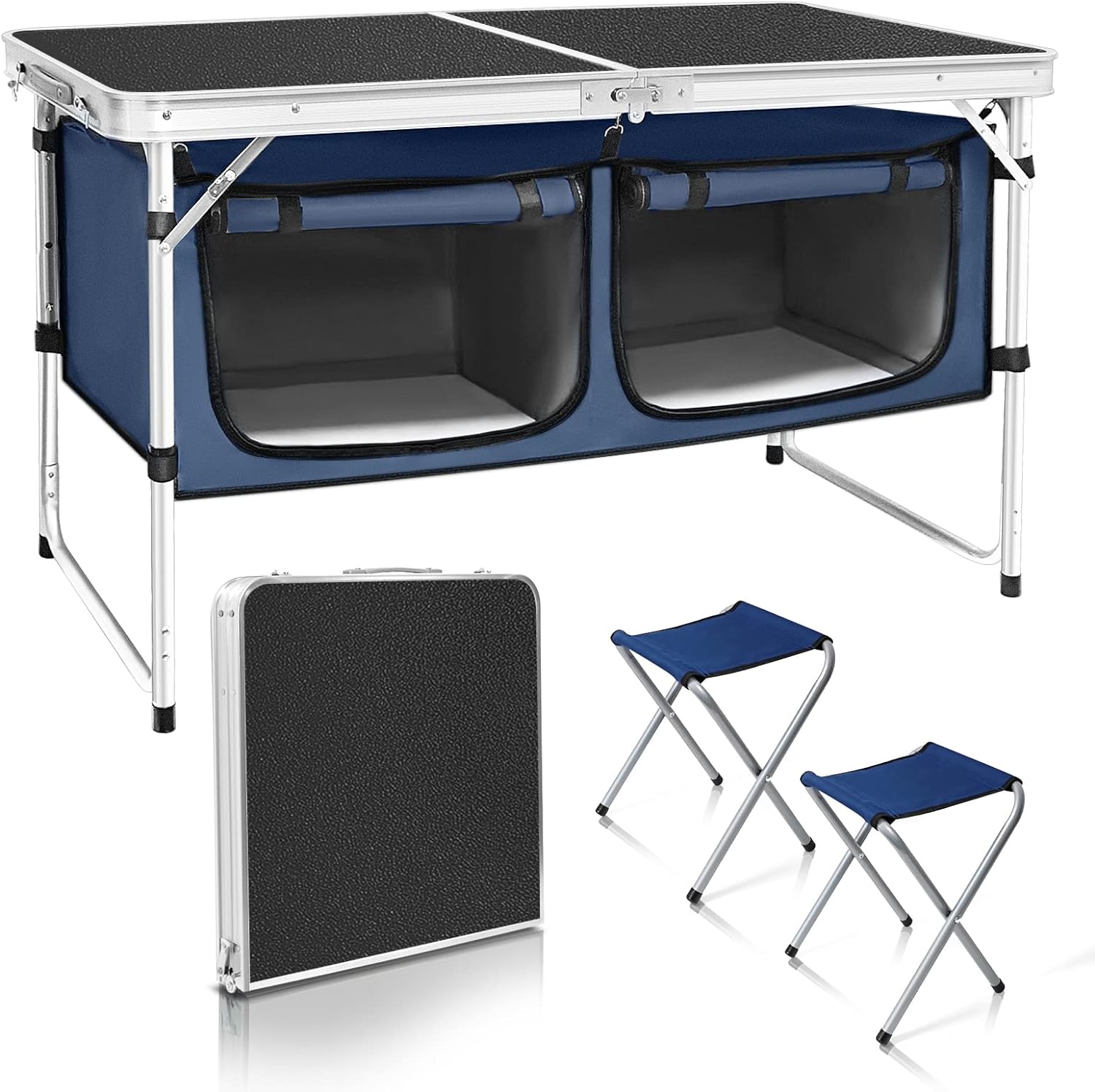 CampLand Outdoor Folding Table Aluminum Lightweight Height Adjustable with Storage Organizer for BBQ, Party, Camping