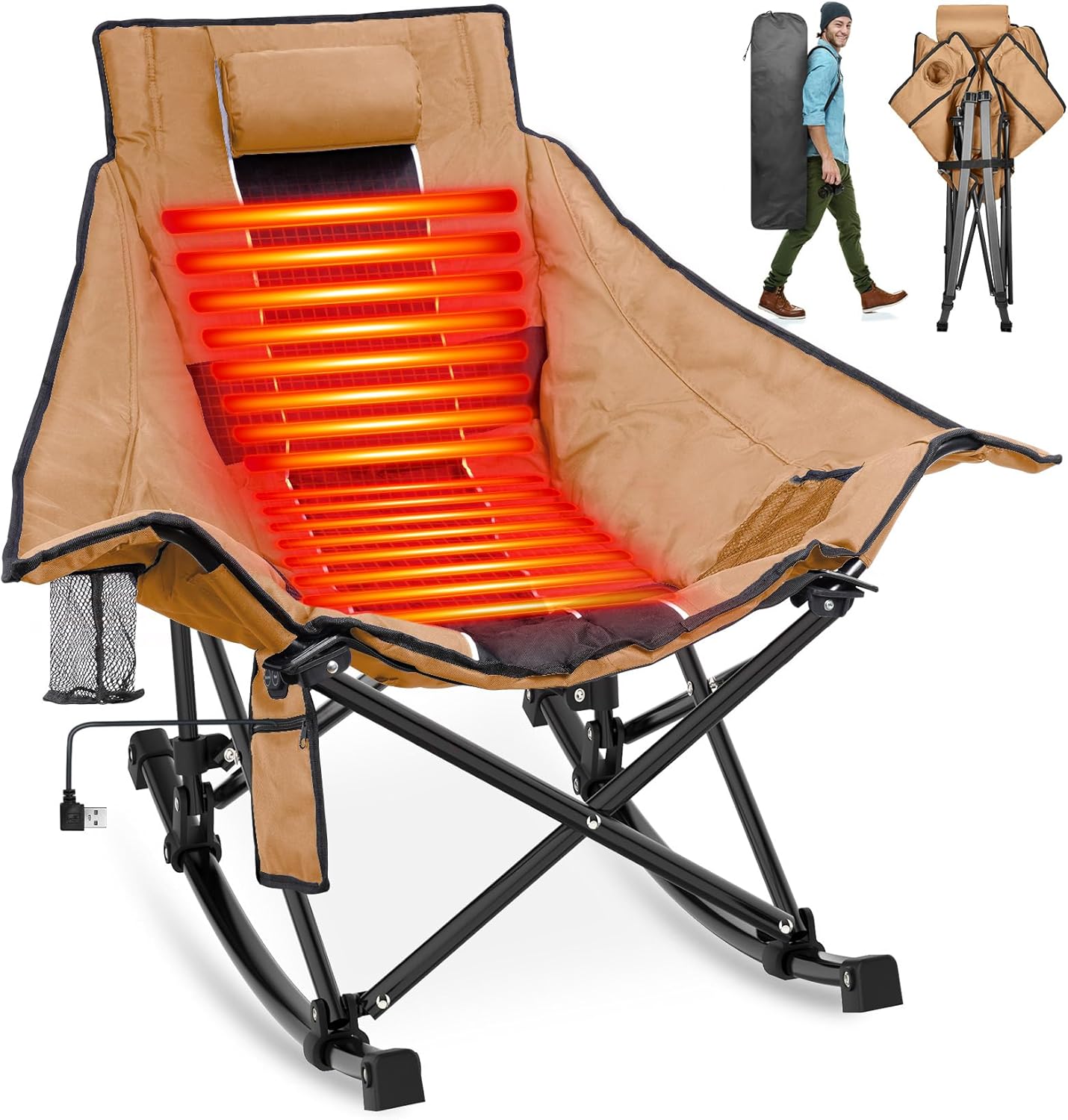 Suteck Heated Camping Chair, Oversized Heated Chairs Outdoor Sports W/3 Heat Levels for Back & Seat, Portable Folding Heated Outdoor Chair for Patio Travel, (Battery NOT Included)