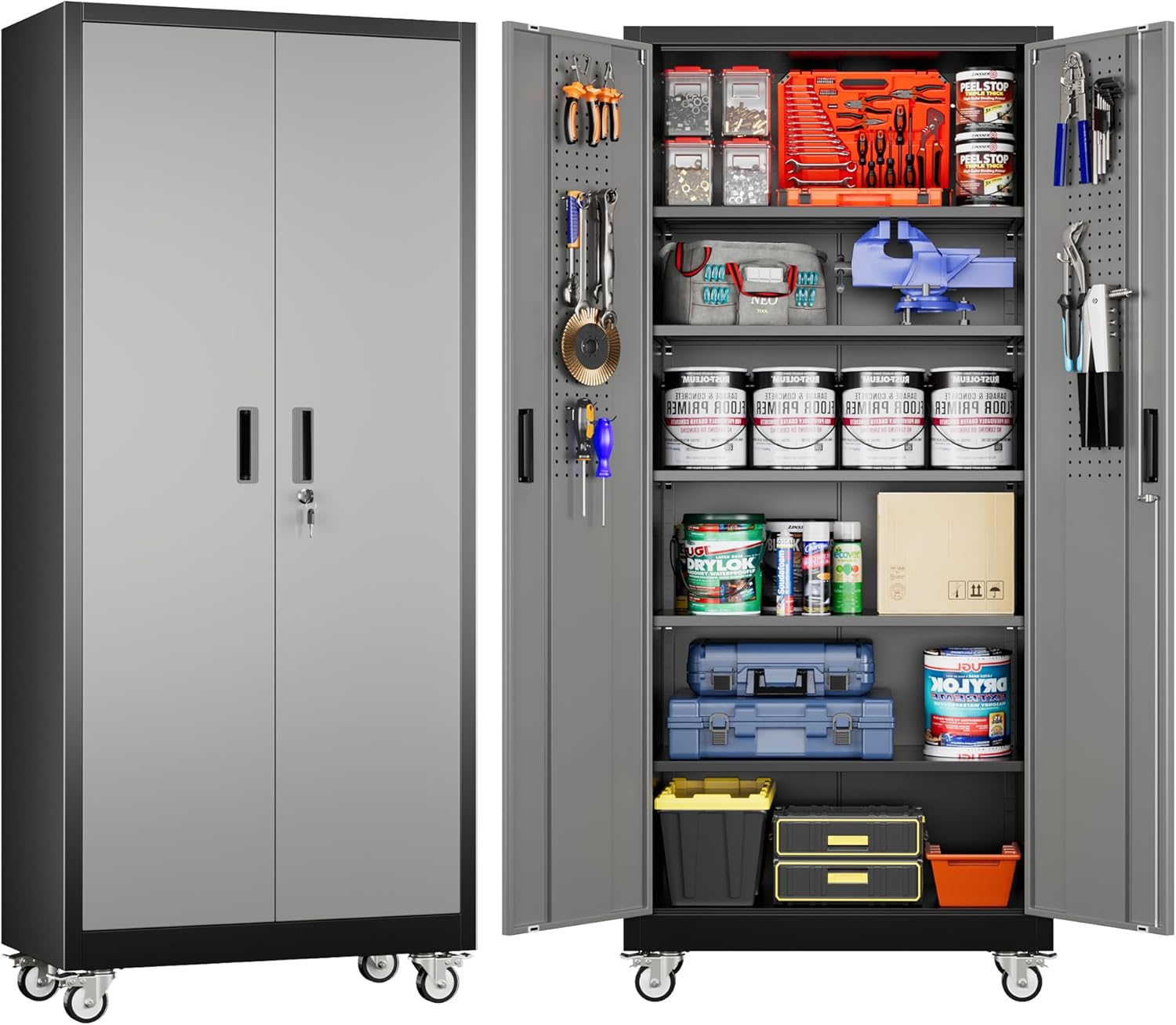 Metal Storage Cabinet with Pegboard 71'' x 34'' x 18'',Lockable Steel Storage Cabinet with 5 Adjustable Shelves and Door for Garage, Office, Kitchen, Assembly Required(Black)