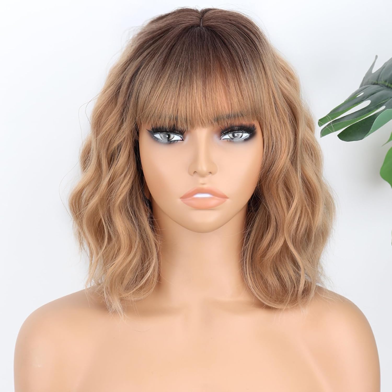 Short Wavy Black Wig with Bangs Bob Wig Synthetic Natural Looking Wigs