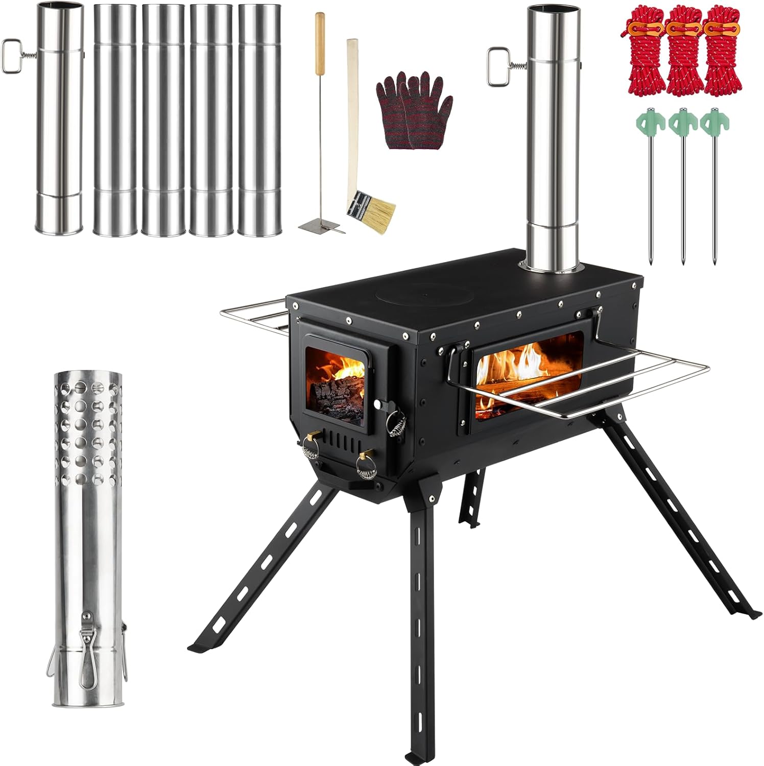 Hot Tent Stove,AVOFOREST Wood Burning Stove,Small Wood Stove with 7 Stainless Chimney Pipes for Outdoor Heating & Cooking, Ice Fishing, Hunting
